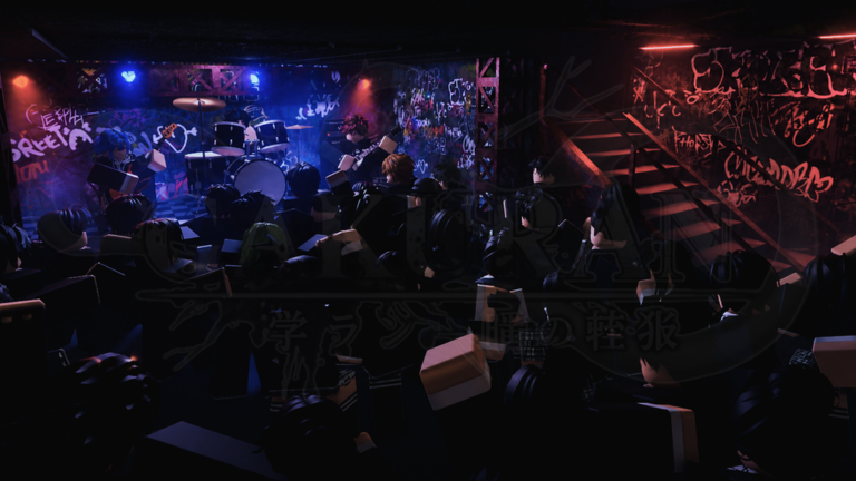 Official Roblox thumbnail for the Gakuran experience showing a dark school performance room with students and red-blue lighting